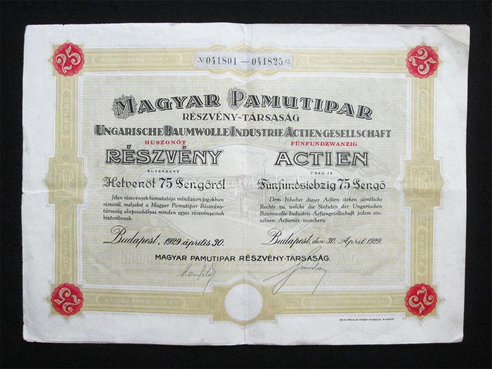 Magyar Pamutipar Rt. részvény 25x75 pengõ 1929